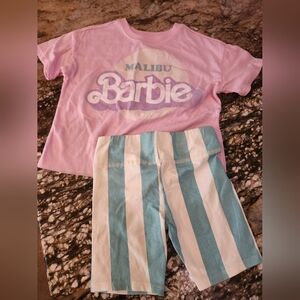 Cat & Jack Pink Barbie Malibu Tee with Aqua and White Striped Shorts